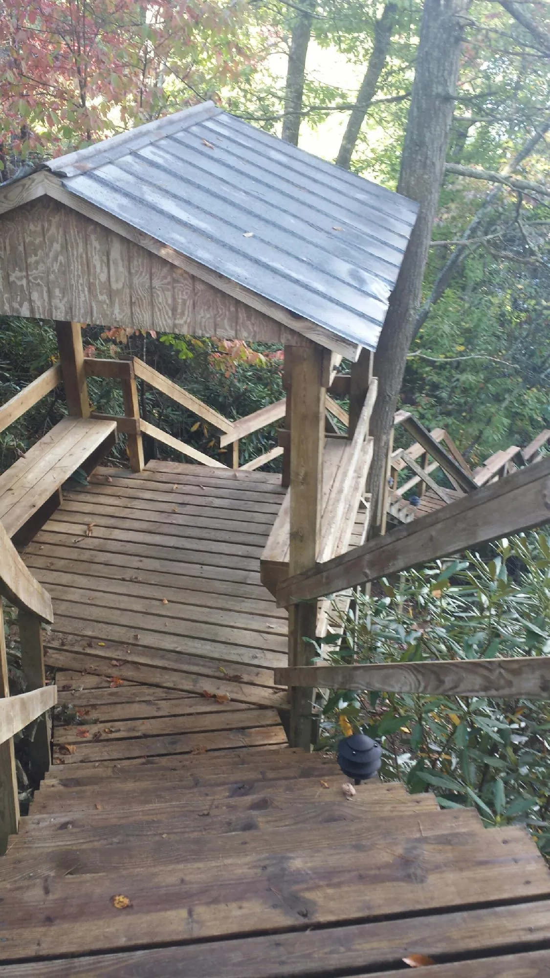 Metal roofed shelter over wooden steps on a wooded walkway — Skylight Repair & Installation work by our crew in Onsted